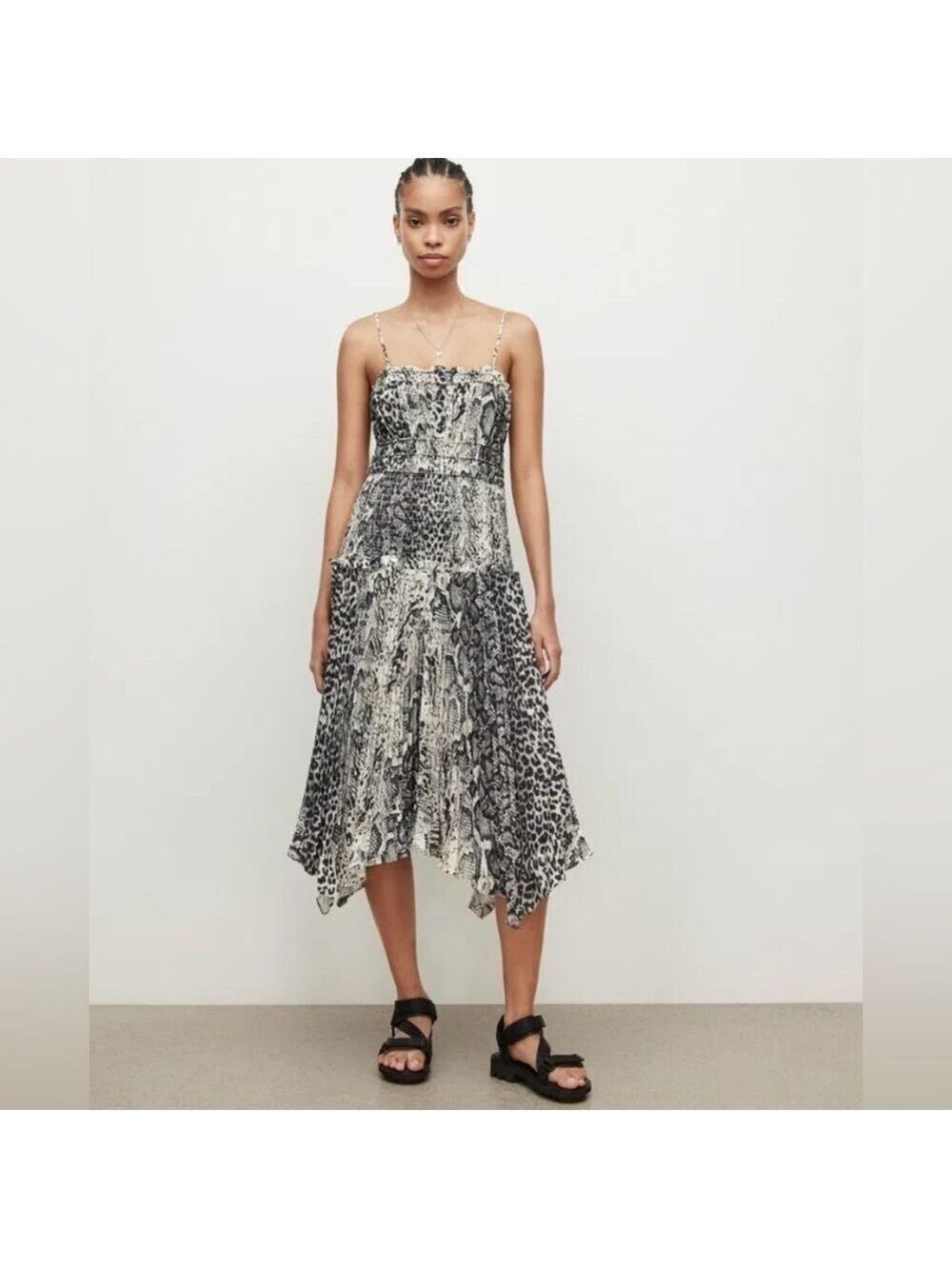 All Saints Phillipa Noche Animal Print Pleated Midi Dress Black Cream Size 8